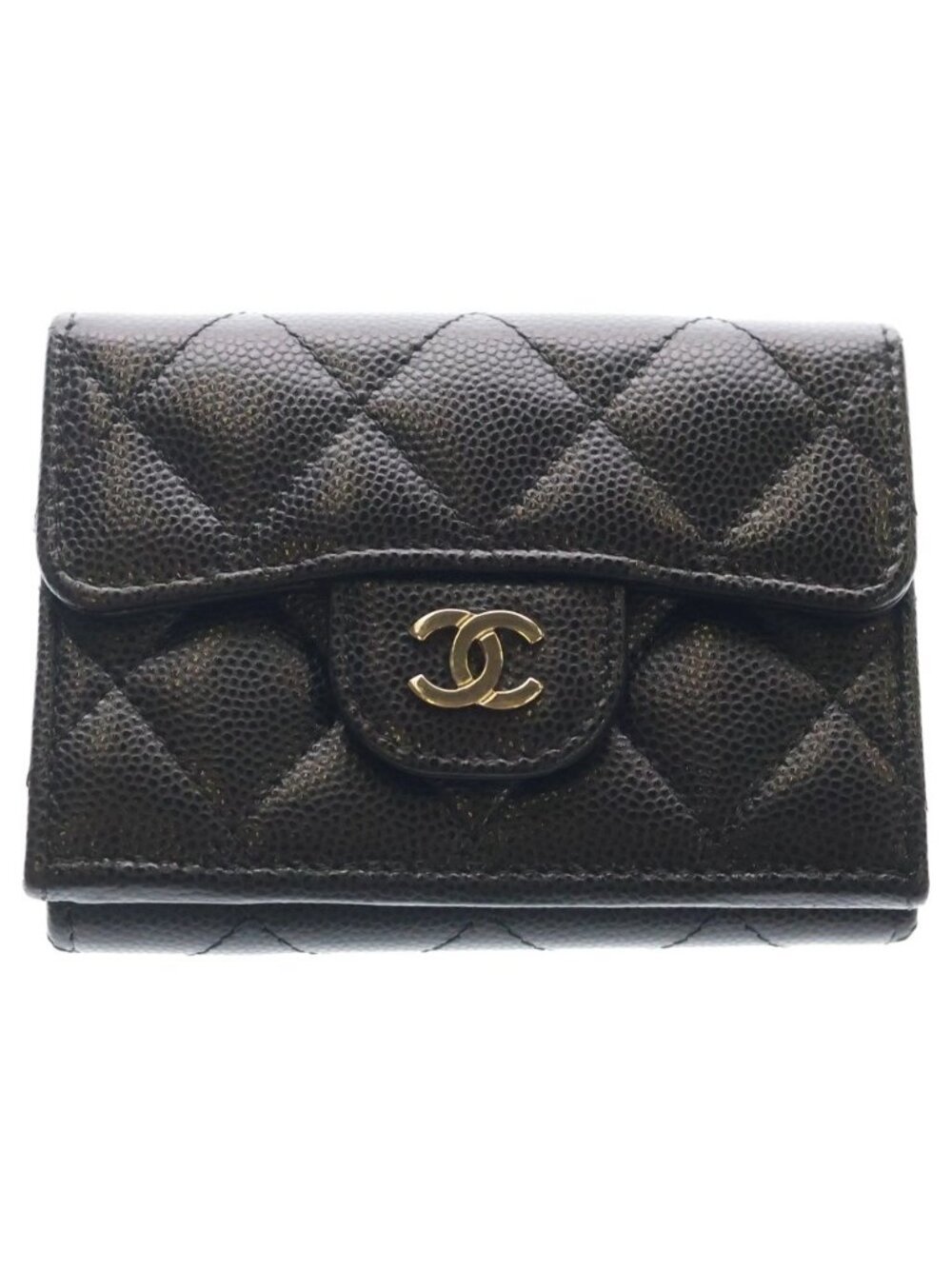 Chanel Quilted Caviar Leather Classic Small Flap Wallet Trifold Compact Black